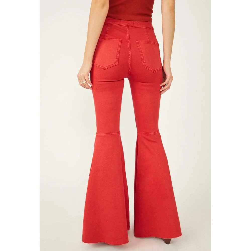 Free People We The Free Float On Flare Jeans Sultry Red High Rise Bell Bottom 28